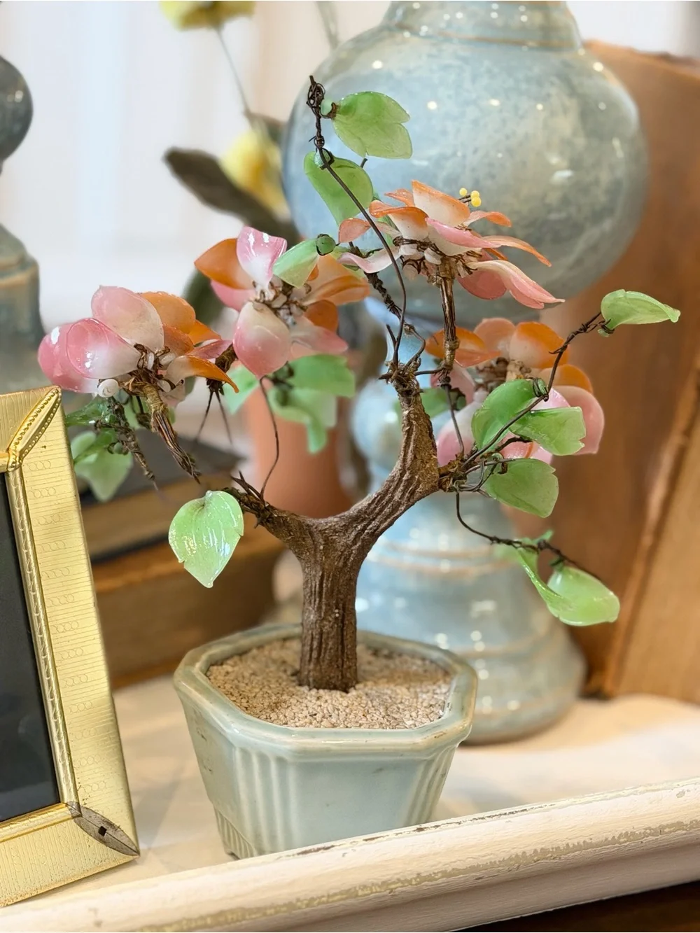 Vintage Asian Cherry Blossom Bonsai Tree. Glass Jade Leaves. 1970’s Unique